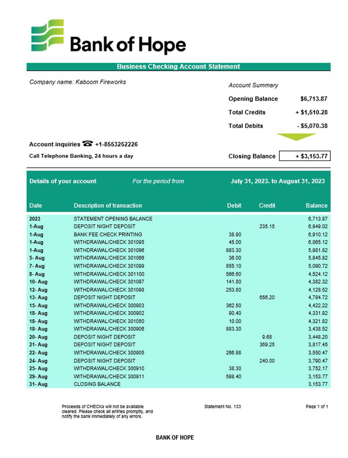  Bank of Hope company checking account statement 
