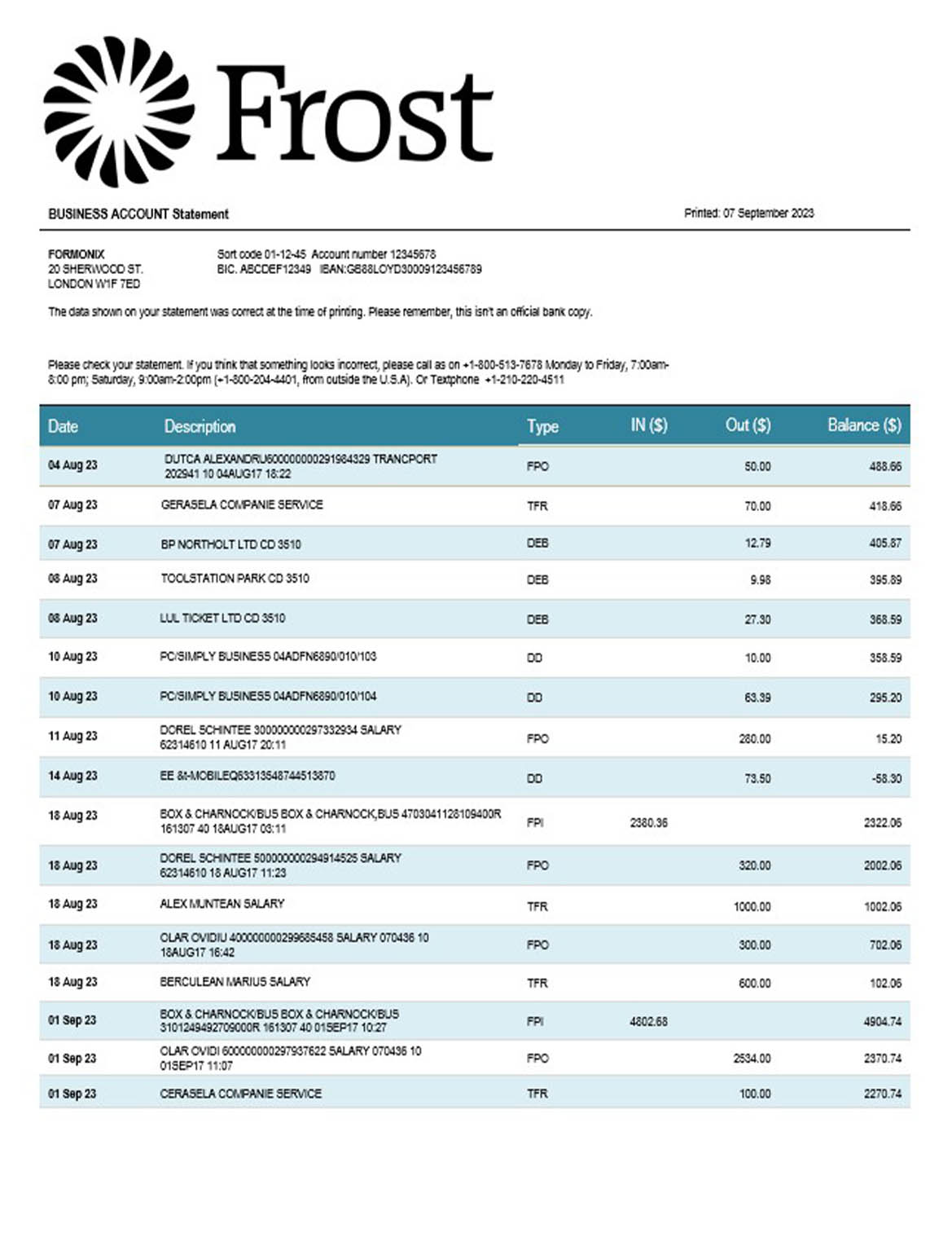 Frost Bankers enterprise account statement