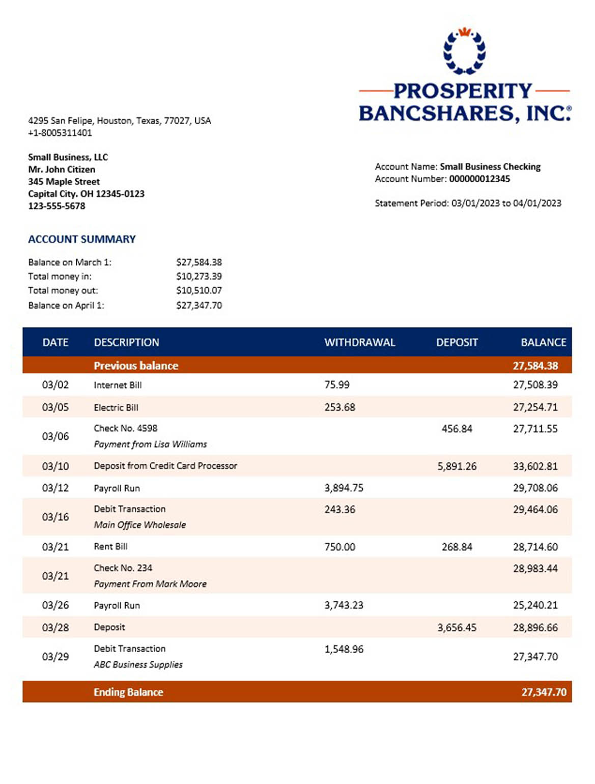 Prosperity Bancshares Inc company checking account statement