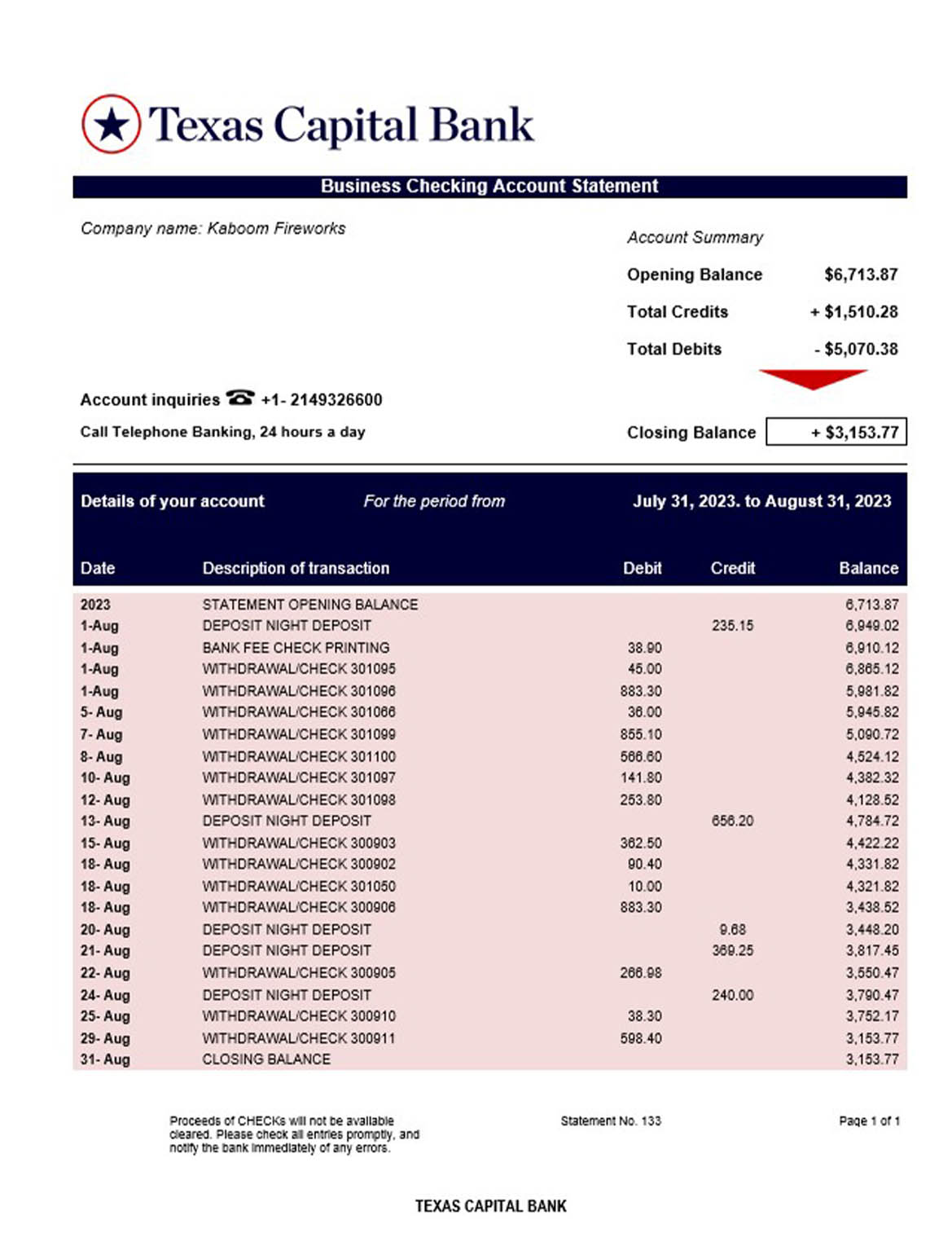 Texas Capital Bank company account statement 